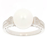 White Pearl sterling silver ring with Moissanite accents, showcasing timeless elegance and luxury.